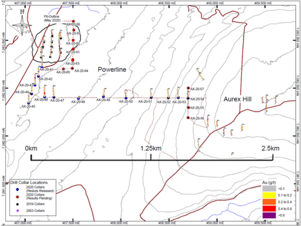 2021-01-11 NR: Plan map showing 2020 drill holes and 2.5km of mineralization between the Powerline Zone and Aurex Hill