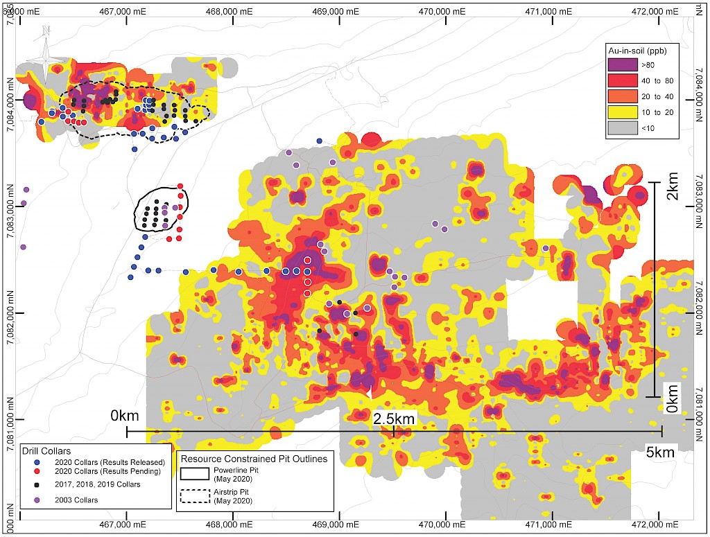 2021-01-11 NR: Plan map showing Au-in-soils anomalies associated with Airstrip and Aurex Hill zones