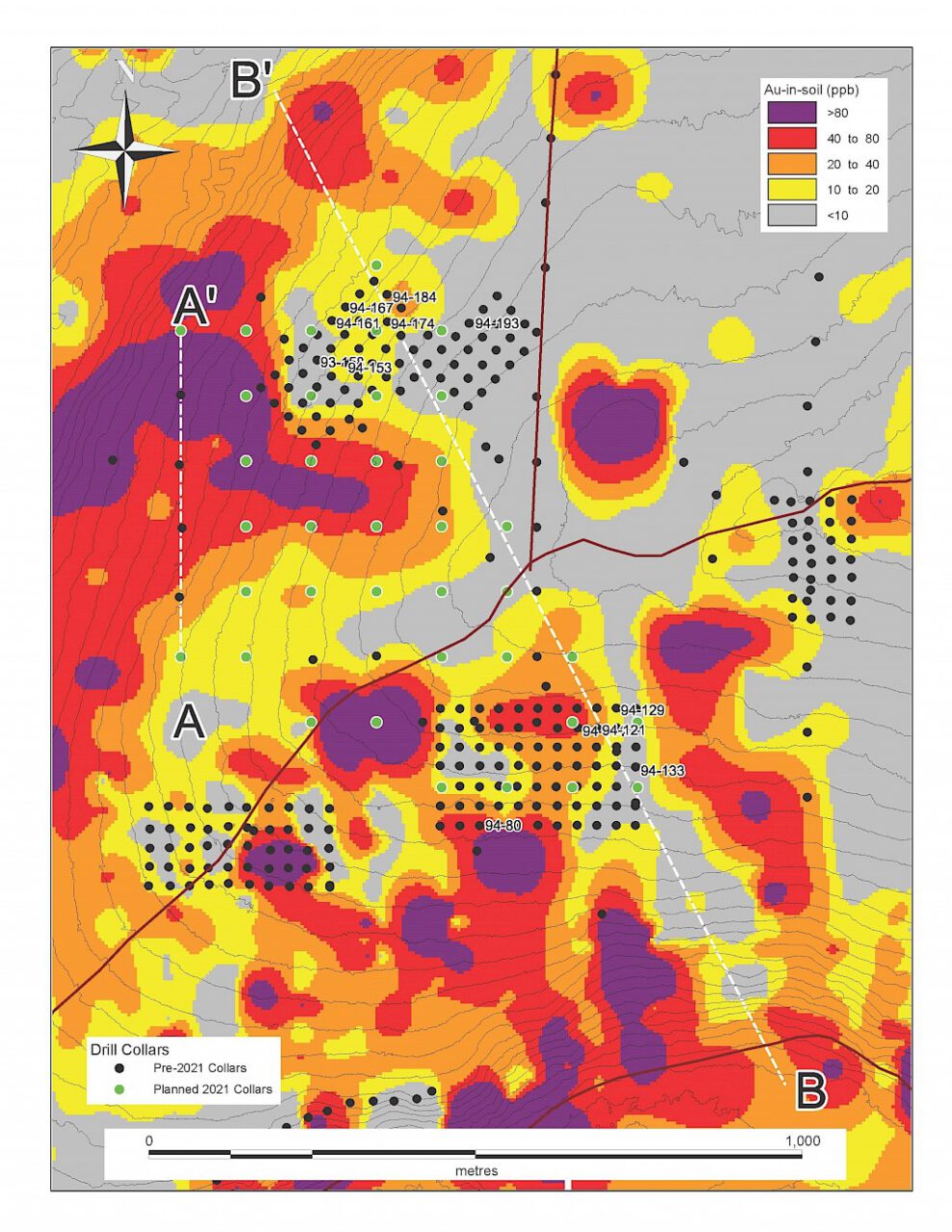2021-06-14 NR: Phase 1 Drilling Plan showing Au-in-soil anomaly and historic diamond drill and RAB holes