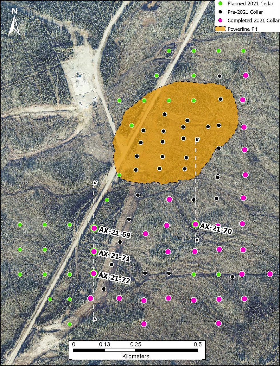 2021-05-11 Plan map of Powerline Zone 2021 drill holes reported, planned and completed