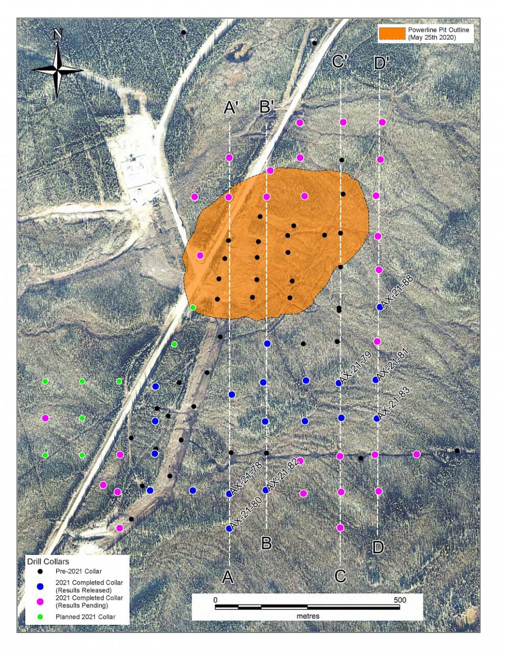 2021-06-07 NR: Plan map of Powerline Zone 2021 drill holes reported, planned and completed