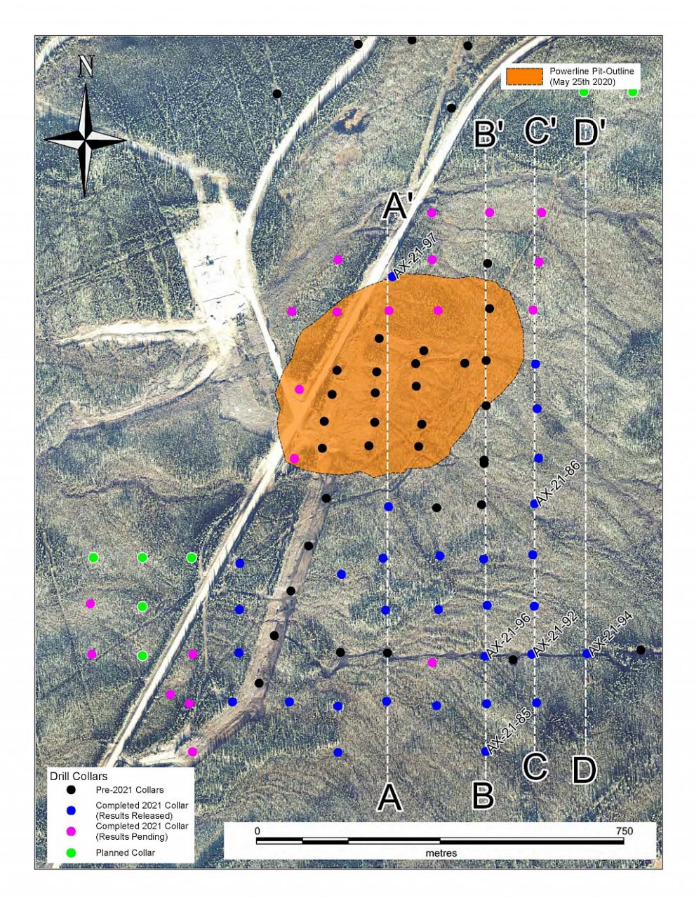 2021-07-06 NR: Plan map of Powerline Zone 2021 drill holes reported, planned and completed