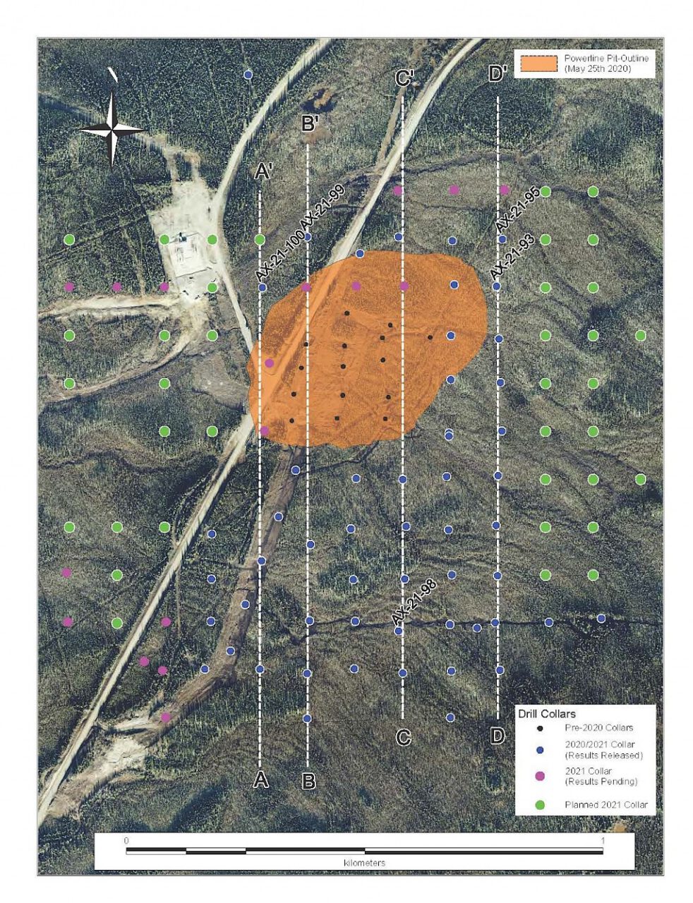 2021-08-23 NR: Plan map of Powerline Zone 2021 drill holes reported, planned and completed