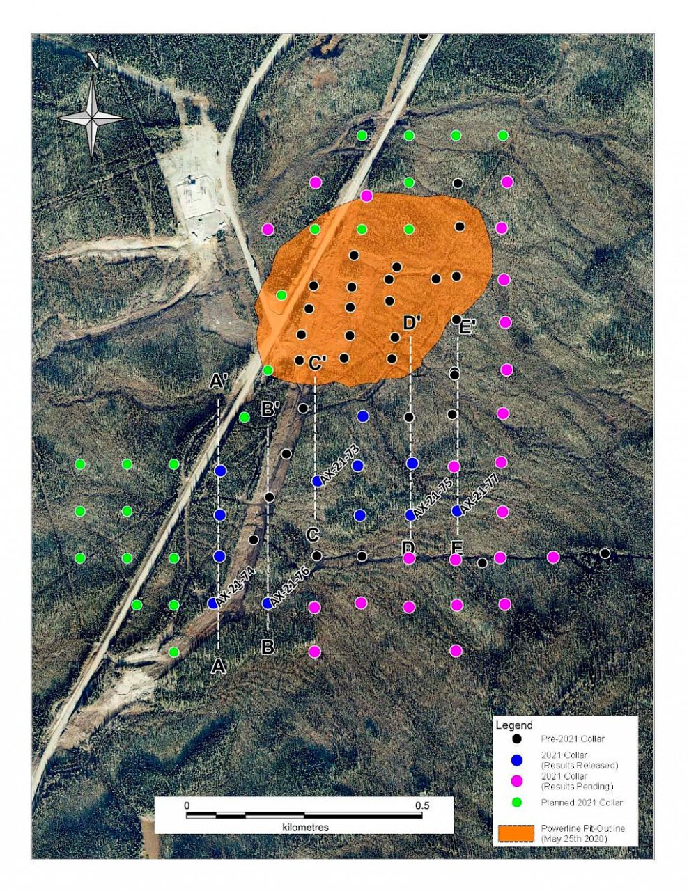 2021-05-18 NR: Plan map of Powerline Zone 2021 drill holes reported, planned and completed