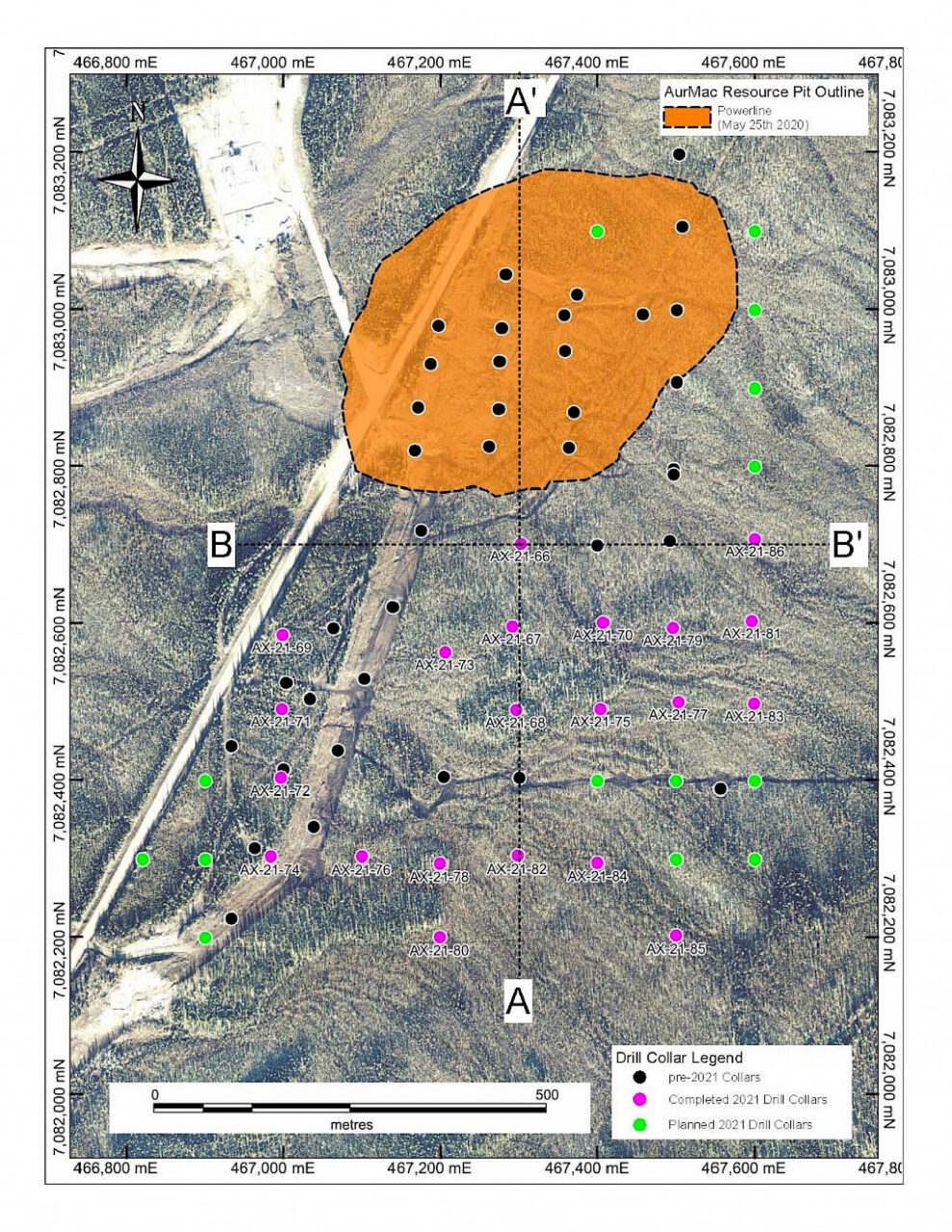 2021-04-27 NR: Plan map of Powerline Zone 2021 drill holes reported, planned and completed