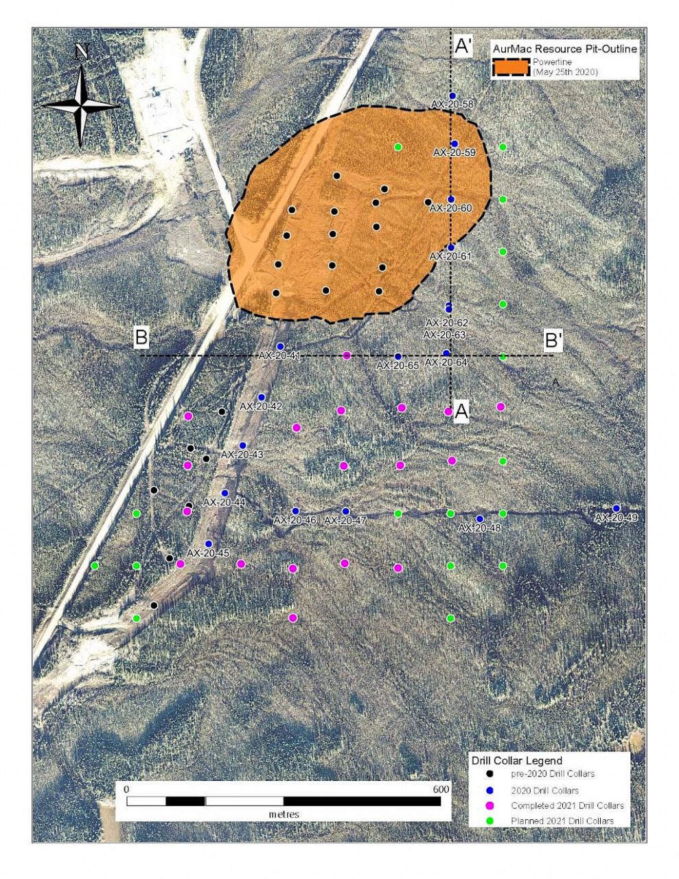 2021-04-21 NR: Plan map of Powerline Zone 2020 drill holes reported & 2021 planned and completed drill holes