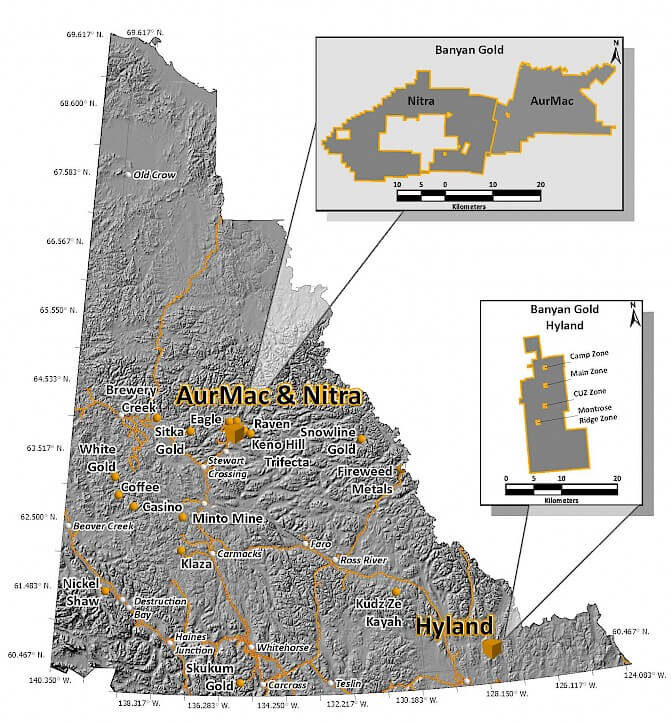 Map of Yukon Territory with Banyan gold mining locations